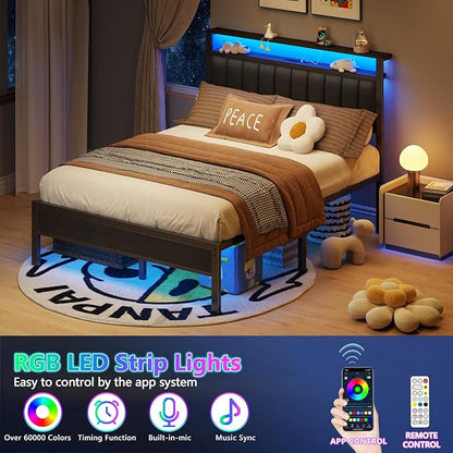 Furnulem Queen Size Bed Frame with Charging Station and LED Lights, Platform Bed with Metal Slats, Grey Upholstered Headboard with 2-Tier Storage Shelves, No Box Spring Needed