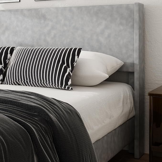 Queen Bed Frame with Faux Leather Upholstered Headboard, Wear-Resistant, Easy Clean, Mattress Foundation, No Box Spring Required, Easy Assembly, Grey