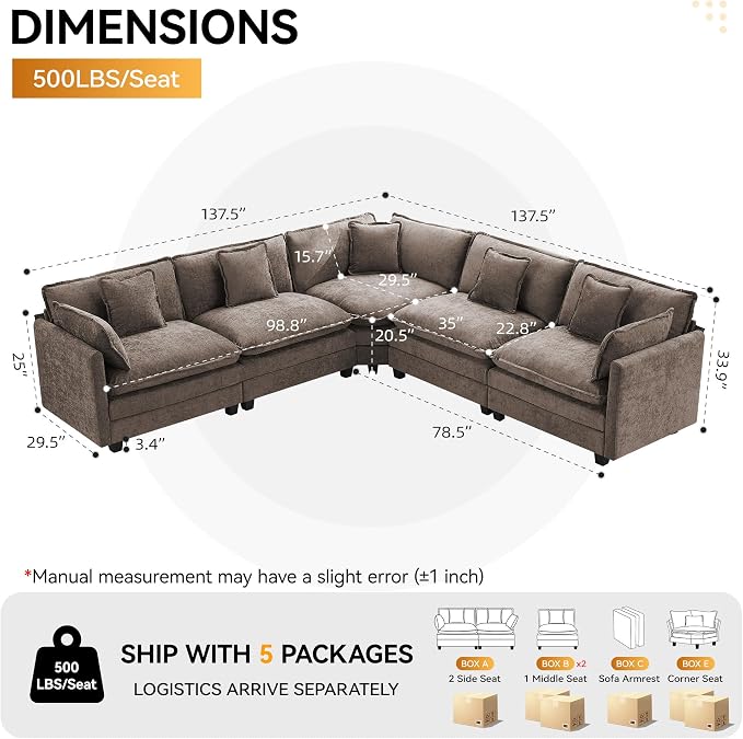 113'' V Shaped Cloud Sectional Sofa, Oversized Deep Seat Couches for Living Room, Chenille Comfy Upholstered Modular Sectional Sofa Couch,Brown