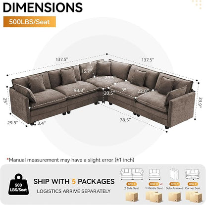 113'' V Shaped Cloud Sectional Sofa, Oversized Deep Seat Couches for Living Room, Chenille Comfy Upholstered Modular Sectional Sofa Couch,Brown