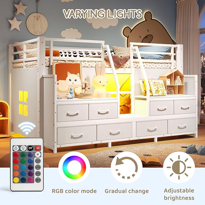 Bellemave Low Loft Bed Twin Size with Storage Shelves & Fabric Drawers, Metal Twin Loft Bed for Kids with LED Lights & Under-Bed Play Area, Low Loft Bed Frame for Bedroom, No Box Spring Needed, White