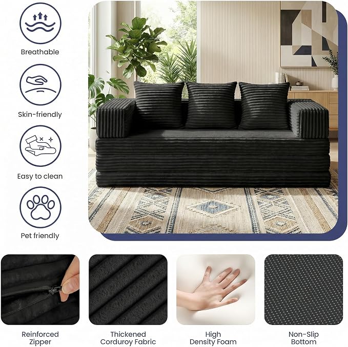 Convertible Sofa Bed Couch, 78’’ Oversized 4-in-1 Boneless Couches with Removable Armrests Backrest, Corduroy Futon Sofa Bed, Foldable Mattress Sleeper Sofa for Living Room Bedroom (Black)