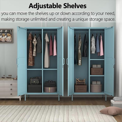 Lockable Metal Wardrobe Closet with Hanging Rod and 3 Adjustable Shelves,67" Metal Storage Cabinet with 2 Doors,Steel Armoire Wardrobe Closet for Bedroom Living Room Cloak Room (Blue)