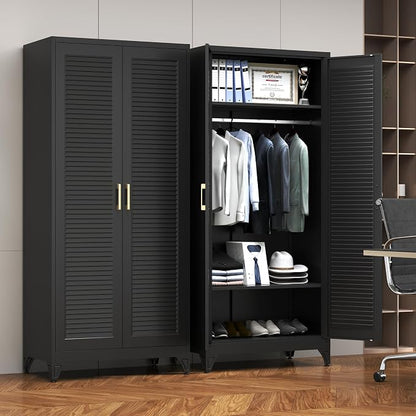 SteeLoong 71" Metal Wardrobe Cabinet with Hanging Rod, Armoire Wardrobe Closet with Doors and Adjustable Shelves, Black Clothing Storage Cabinets for Bedroom Office,School,Hospital