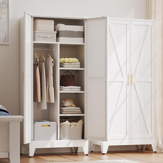 Baborokic Metal Wardrobe Cabinet with Hanging Rod,Large 71" Armoire Wardrobe Closet with Adjustable Shelves and Doors,Farmhouse Metal Office Cabinets for Bedroom,Office,Employee(White)