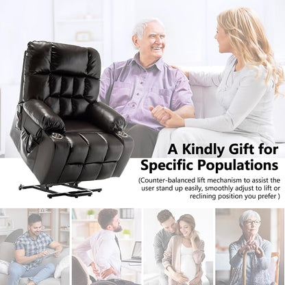 JIKFRIMA Power Lift Recliner Chair for Elderly, Dual Motor Lift Chair with Heat and Massage, Lay Flat Lift Chair for Adults, Cup Holders, Lumbar Pillow, Faux Leather, Reddish Brown
