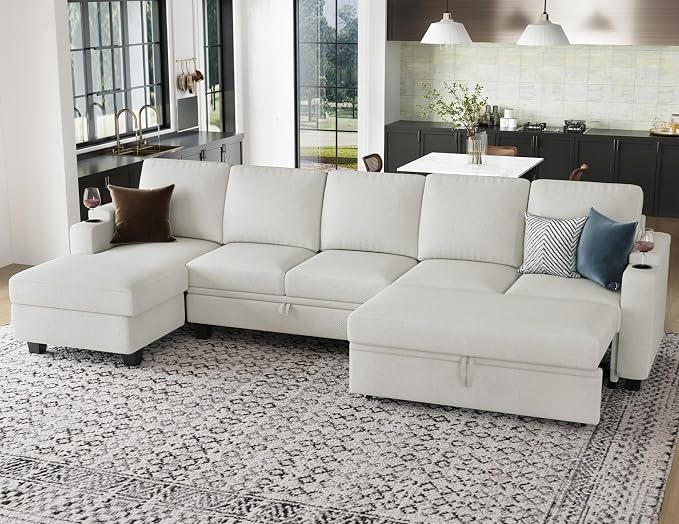 Belffin Modular Sectional Sleeper Sofa Bed with Storage Chaise L Shaped Sectional Couches for Living Room Armrest with Cup Holder. White Couch