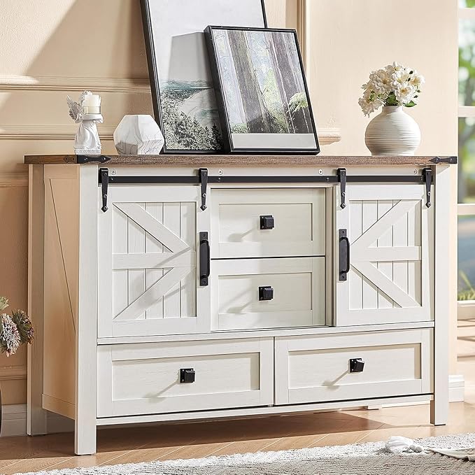 AMERLIFE 5-Piece Farmhouse Furniture Bedroom Set, Dressers & Nightstand Set of 2 with Storage Cabinet & Sideboard, Sliding Barn Door Wood Bedroom Set for Bedroom/Living Room, Distressed White