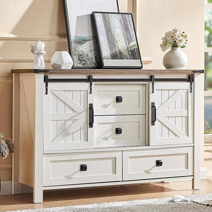 AMERLIFE 5-Piece Farmhouse Furniture Bedroom Set, Dressers & Nightstand Set of 2 with Storage Cabinet & Sideboard, Sliding Barn Door Wood Bedroom Set for Bedroom/Living Room, Distressed White