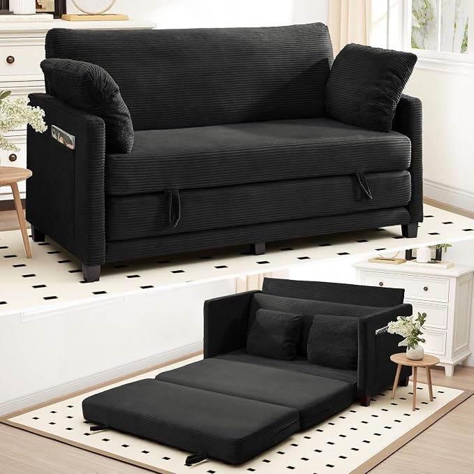 Myroyalsit 65" Convertible Loveseat Sofa Bed, 2-in-1 Folding Sofa Bed with 2 Pillow for Small Spaces, Modern Loveseat Sleeper Couch for Apartment, Living Room & Guest Room (Black Corduroy, 65 inch)