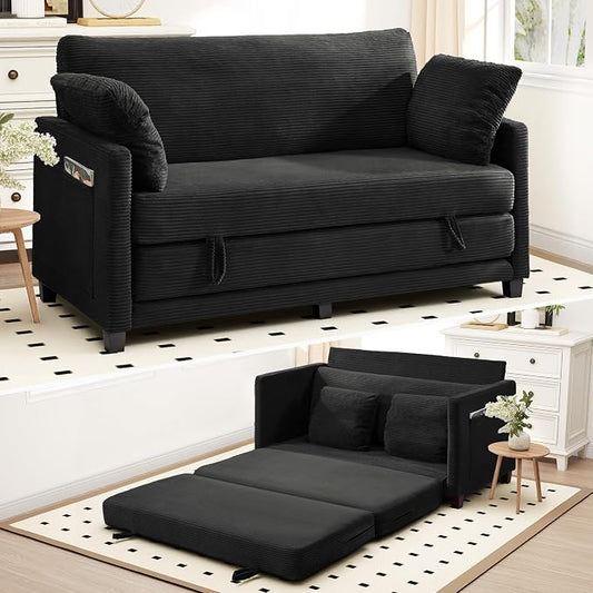 Myroyalsit 65" Convertible Loveseat Sofa Bed, 2-in-1 Folding Sofa Bed with 2 Pillow for Small Spaces, Modern Loveseat Sleeper Couch for Apartment, Living Room & Guest Room (Black Corduroy, 65 inch)