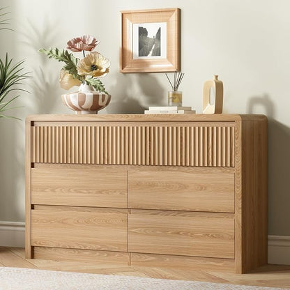 LYNSOM 7 Drawer Dresser for Bedroom, 50" Wide Fluted Dresser with Curved Corners, Wood Dressers & Chests of Drawers with Dual-Panel Design for Bedroom, Entryway, Oak