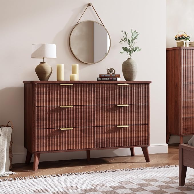GarveeHome Fluted Dresser for Bedroom with 6 Deep Drawers, 47.2 in Wide Modern Chest of Drawers, Wooden Dresser TV Stand, Curved Profile Design, for Living Room, Kids Room, Hallway, Walnut