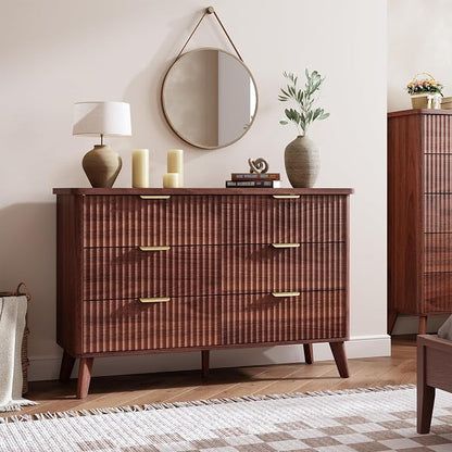 GarveeHome Fluted Dresser for Bedroom with 6 Deep Drawers, 47.2 in Wide Modern Chest of Drawers, Wooden Dresser TV Stand, Curved Profile Design, for Living Room, Kids Room, Hallway, Walnut
