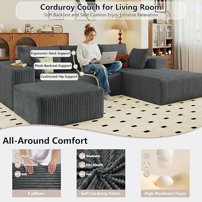 95" Cloud Sectional Couch U-Shaped Chaise with Ottoman, Corduroy Boneless Couch for Living Room Bedroom, Deep-Seat Upholstered Modular Cloud Sofa, No Assembly Required (Grey, Right Facing Chaise)