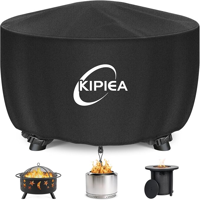 Kipiea Round Fire Pit Cover 100% Waterproof, 40" D x 24" H Outdoor Firepit Cover, Upgraded 600D Strong Tear and UV Resistant, Black