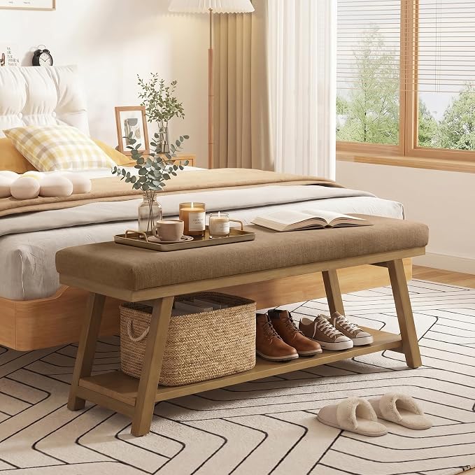 Zihanhome 45" Entryway Bench Upholstered Storage Bench for Bedroom Shoe Rack Bench for Living Room, Hallway, Mudroom, Balcony, Sturdy Indoor Bench Seat Holds Up to 300 lbs (Brown)