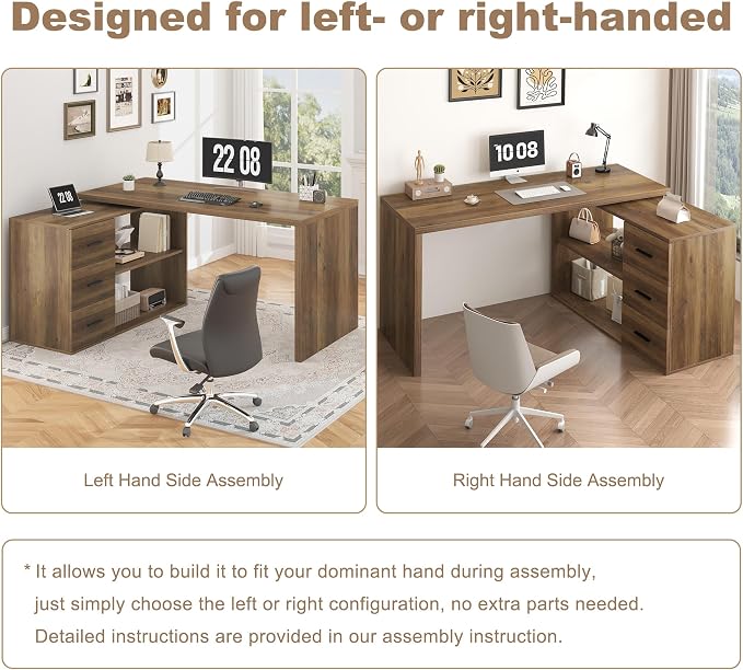 HSH L Shaped Office Desk with Drawers Shelves 55-76 Inch, Corner Computer Desk with Storage 360 Rotating Long for Work, Executive, Study, Writing, Teacher, Bedroom Modern Gaming Table Farmhouse