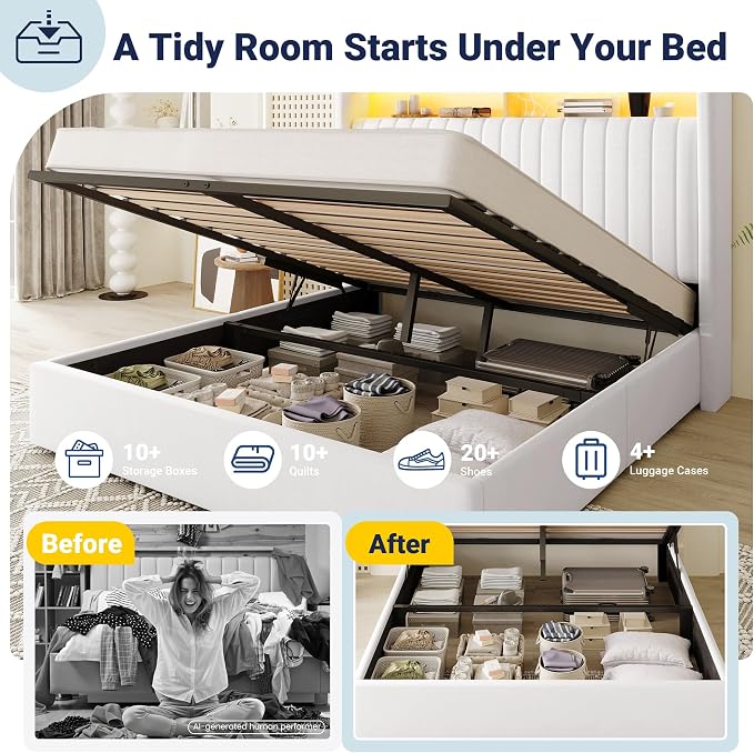 Allewie Full Size Lift Up Hydraulic Storage Bed Frame, 2-Tier Shelf Headboard with LED Lights and Charging Station, USB and Type C Ports, Wingback Velvet Headboard, No Box Spring Needed, White