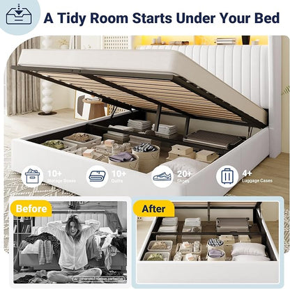 Allewie Full Size Lift Up Hydraulic Storage Bed Frame, 2-Tier Shelf Headboard with LED Lights and Charging Station, USB and Type C Ports, Wingback Velvet Headboard, No Box Spring Needed, White
