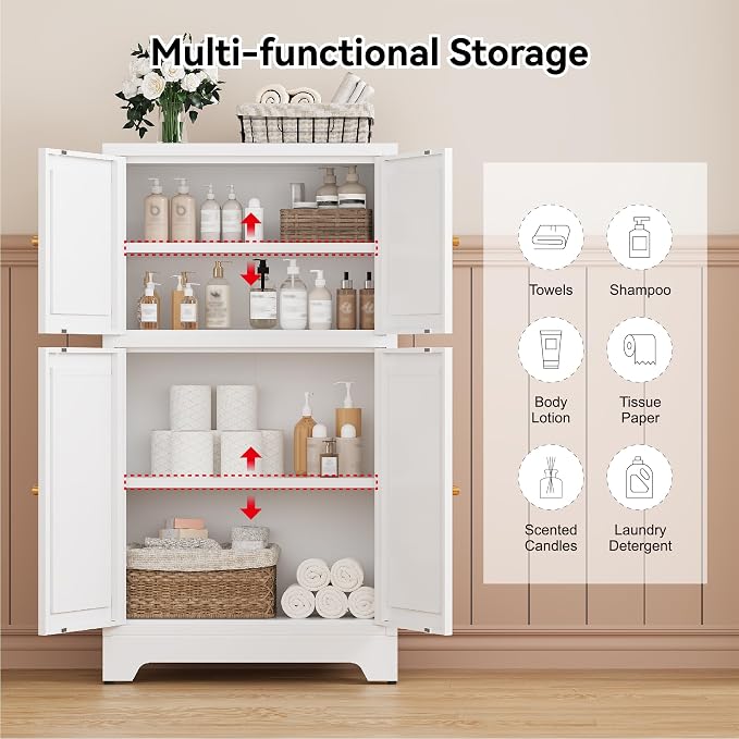 Metal Pantry Cabinet,Tall Kitchen Pantry Storage Cabinet with 4 Doors and 2 Adjustable Shelves,White Freestanding Cupboard Cabinet for Kitchen,Living Room,Dining Room,Home