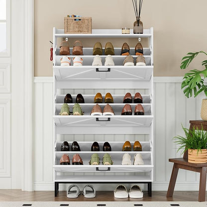 BORNOON Shoe Cabinet with 3 Flip Drawers Narrow Shoe Storage Cabinet Organizer Wooden Freestanding Shoe Rack Hidden Slim Shoes Storage Cabinet for Entryway, Hallway, Living Room, Bedroom