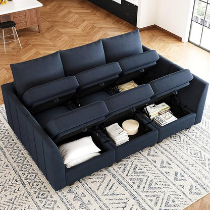 Belffin Modular Sectional Sofa Sleeper Couch with Storage Velvet Sectional Sofa Bed, 6 Seats, Blue