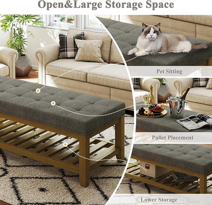 Befurtori Large Rectangular Upholstered Ottoman Bench, Linen Tufted Footrest Ottoman with Solid Wood Shelf Storage Coffee Table for Bedroom Living Room, Granite