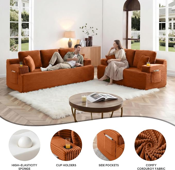 Boneless Sofa Couch Set with Cup Holders & Side Pockets, Modern Corduroy Fabric Upholstered 3-seat Couch & Loveseat Set with 4 Throw Pillows for Living Room, Office, No Assembly (Orange)