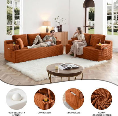 Boneless Sofa Couch Set with Cup Holders & Side Pockets, Modern Corduroy Fabric Upholstered 3-seat Couch & Loveseat Set with 4 Throw Pillows for Living Room, Office, No Assembly (Orange)