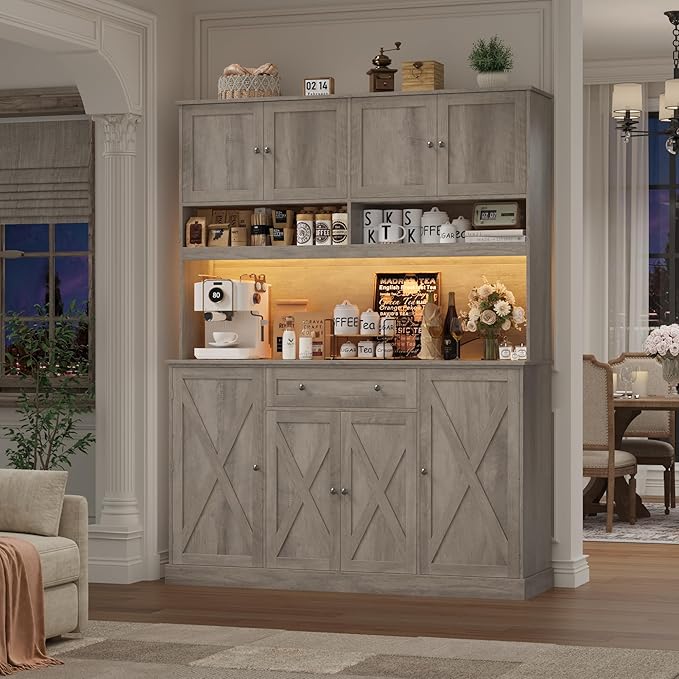HIFIT 72.8” Tall Kitchen Pantry Cabinet with LED & Charging Station, 55” Wide Farmhouse Pantry Cabinet with Microwave Stand&Shelves&Swing-Out Door, Kitchen Hutch Coffee Bar for Living Room, Grey