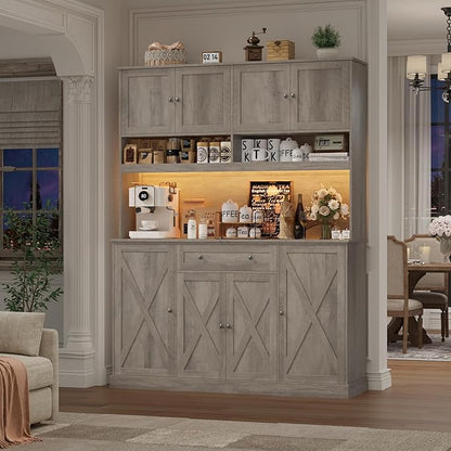 HIFIT 72.8” Tall Kitchen Pantry Cabinet with LED & Charging Station, 55” Wide Farmhouse Pantry Cabinet with Microwave Stand&Shelves&Swing-Out Door, Kitchen Hutch Coffee Bar for Living Room, Grey