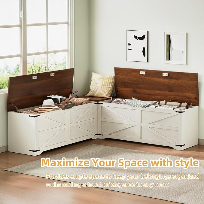 DWVO L-Shaped Storage Bench, 18" High Corner Dining Bench with Safety Hinges, Wooden Nook Chest for Living Room, Bedroom | Corner L-shaped design, slow-close safety hinges, hidden storage, fits living room bedroom dining nook, easy to assemble