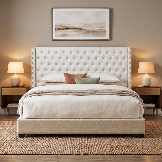 Madison Park Queen Wingback Upholstered Tufted Headboard, Featuring High-Density Sponge Padding, Adjustable Height Headboard, Easy Assembly, Beige Velvet