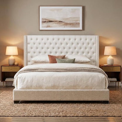 Madison Park King Wingback Upholstered Tufted Headboard, Featuring High-Density Sponge Padding, Adjustable Height Headboard, Easy Assembly, Beige Velvet