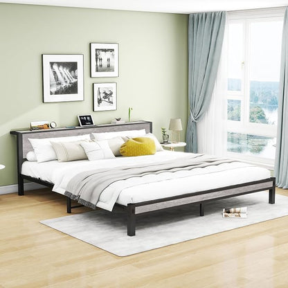 DUMEE King Bed Frame with Wood Storage Headboard, Metal Platform Bed Frames King Size, No Box Spring Needed, Noise Free, Black & Grey