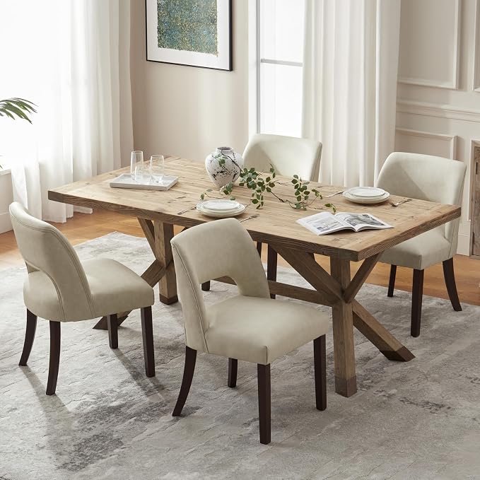 VKNOW Modern Dining Chairs Set of 4 with Rubberwood Legs, Beige | Faux Leather, Curved Back, For family, Kitchen Dining RoomRestaurant Reception Room, No wobble, 80% pre-installed