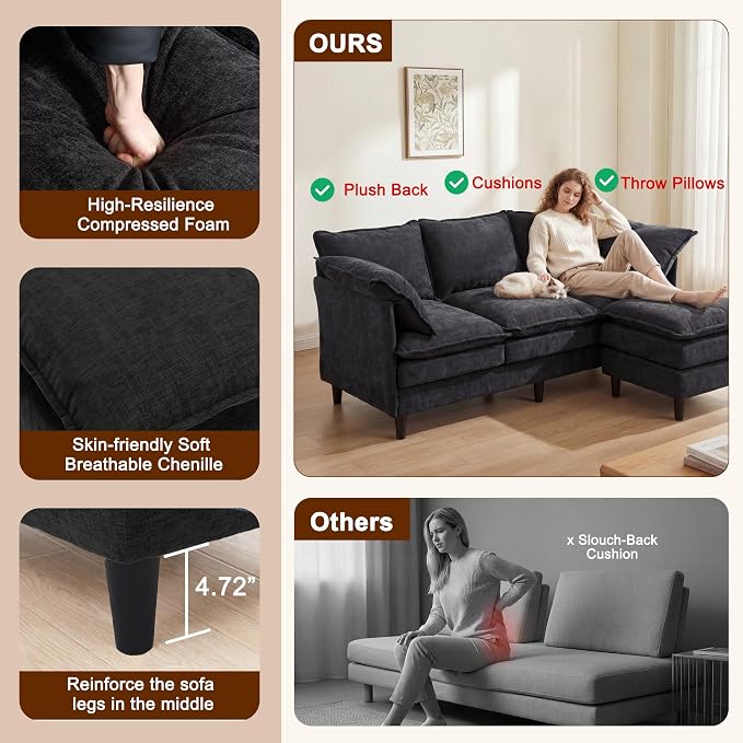 3 Seater L-Shape Couch Sofa with Ottoman, 69" Small Couch Modern Comfy Cloud Chenille Sofa 23" Deep with Washable Pillow Cover Couches for Living Room Bedroom Apartment Office 69-Black-L