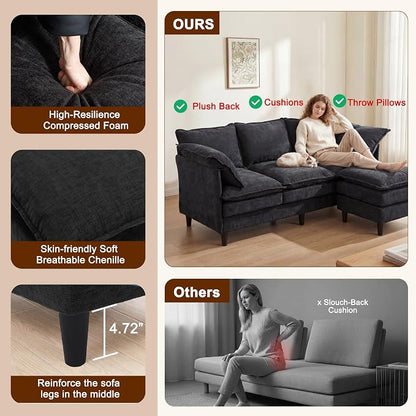 3 Seater L-Shape Couch Sofa with Ottoman, 69" Small Couch Modern Comfy Cloud Chenille Sofa 23" Deep with Washable Pillow Cover Couches for Living Room Bedroom Apartment Office 69-Black-L