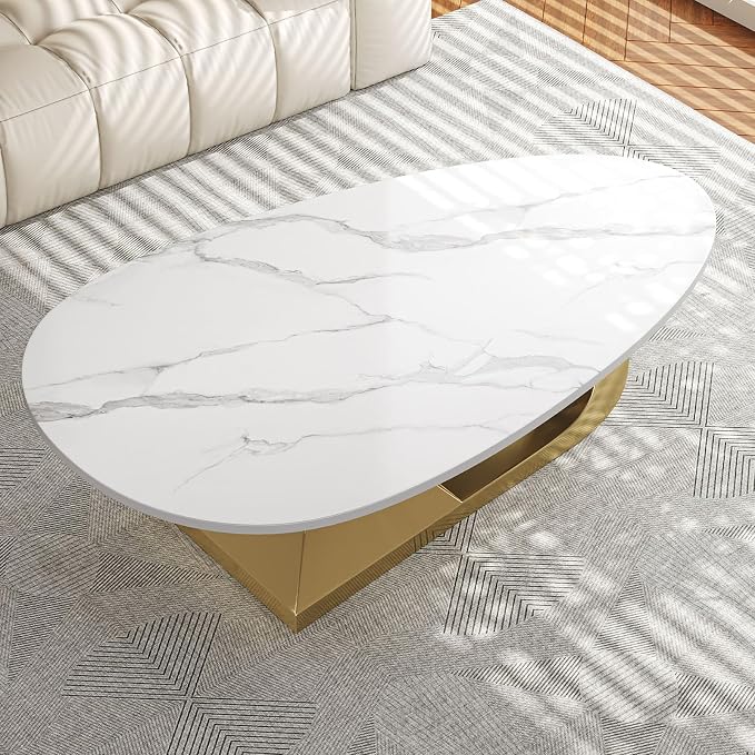 51.2-Inch Modern Oval Marble Coffee Table with Sturdy Gold Stainless Steel Base - Elevate Your Living Room with Style & Luxury, Scratch-Resistant & Easy Assembly.
