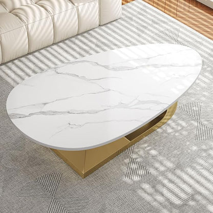 51.2-Inch Modern Oval Marble Coffee Table with Sturdy Gold Stainless Steel Base - Elevate Your Living Room with Style & Luxury, Scratch-Resistant & Easy Assembly.
