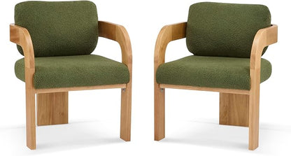 Christopher Knight Home Yorick Modern Boucle Dining Chair Set of 2 with Cushion, Solid Wood Dining Room Armchair Set, Curved Backrest Kitchen Side Chair, Living Room Comfy Extra Seat, Natural+Green