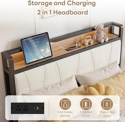 LIKIMIO Twin XL Bed Frame with 2 Storage Drawers, Charging Station & LED Lights, Twin XL Bed with Boucle Upholstered Headboard, Strong Metal Slats, No Box Spring Needed, Easy Assembly, Wood/Cream