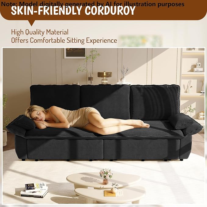 94.5" Pull Out Couch King Size, Futon Sofa Bed, 3-in-1 Convertible Sleeper Sofa Bed with Cushion Armrest, Modern Corduroy Loveseat Couches for Living Room, Small Space, Apartment, Black