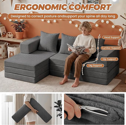 6-in-1 Tri-Folding Mattress | Cloud Boneless L-Shaped Modular Sectional Couches | Corduroy Pet-Friendly Convertible Futon Sofa Bed with 800LB Capacity Apartment, Guest Room, Game Room