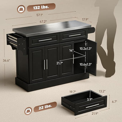 HOMCOM Rolling Kitchen Island Cart with 47" Stainless Steel Top, Portable Island Table for Kitchen with Wheels, Adjustable Shelves, 2 Drawers, Spice, Knife and Towel Rack, Black