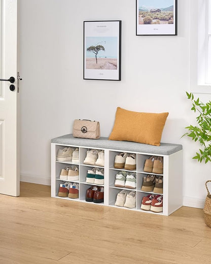 Hzuaneri Shoe Bench with Cushion, Entryway Storage Bench with 12 Cubbies, Cubby Shoe Rack with Adjustable Shelves, Shoe Organizer Cabinet for Living Room, Bedroom, Entryway, White SB19003GY