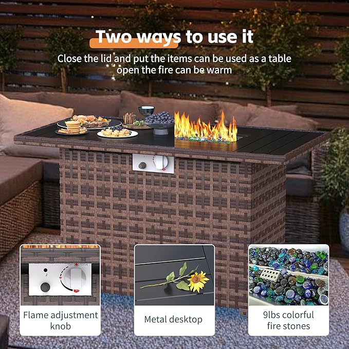 UDPATIO Patio Furniture Set with Fire Pit Table, 5 Piece Outdoor Sectional Sofas, All-Weather Wicker Conversation for Garden, Backyard, Grey