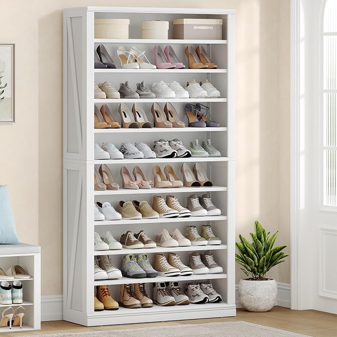 Hzuaneri Shoe Storage Cabinet, 10 Tiers Freestanding Shoe Cabinets, Wooden Shoes Rack with Cubby, 36-40 Pairs, Farmhouse Tall Shoes Cubby Organizer for Entryway, Living Room, White SR59203X