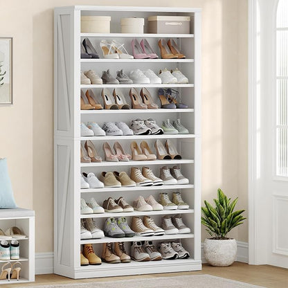 Hzuaneri Shoe Storage Cabinet, 10 Tiers Freestanding Shoe Cabinets, Wooden Shoes Rack with Cubby, 36-40 Pairs, Farmhouse Tall Shoes Cubby Organizer for Entryway, Living Room, White SR59203X